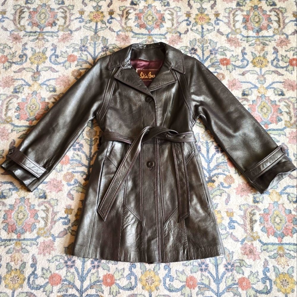 Vintage Leather Skin Gear Silver Metallic Finish Trench Coat Women's M